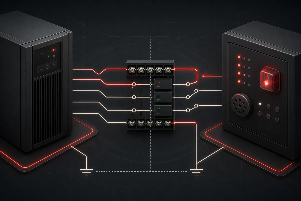Integrating UPS Dry Contacts with a BMS or Alarm Panel — conceptual engineering illustration