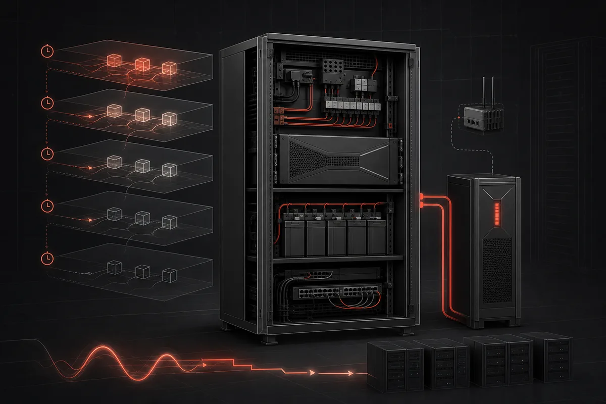 How UPS Runtime Supports Orderly Server, VM and NAS Shutdown — conceptual engineering illustration